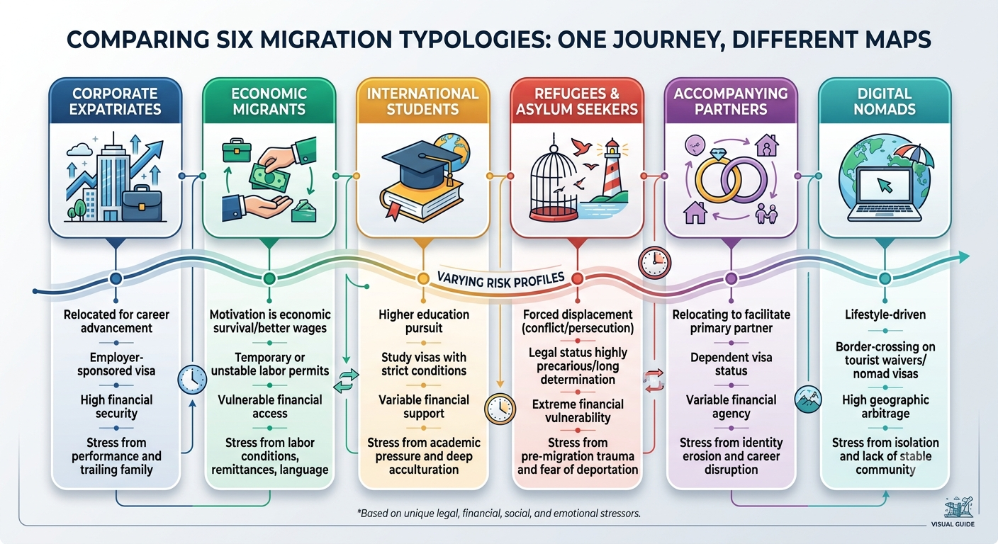 6 distinct groups (Corporate Expats, Economic Migrants, International Students, Refugees, Accompanying Partners, and Digital Nomads).