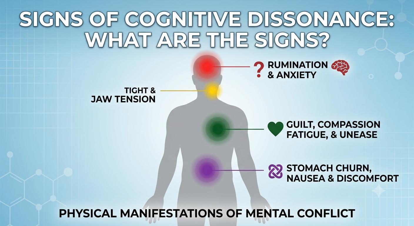 Signs of Cognitive Dissonance — for What Are the Signs? A simple body-map silhouette with soft markers at head (rumination), chest (guilt), jaw/stomach (tension).