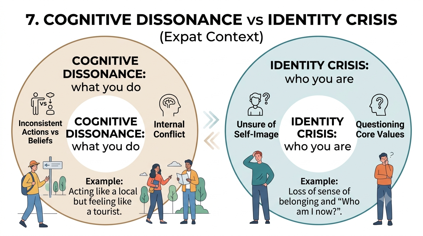 Cognitive Dissonance vs Identity Crisis — for Cognitive Dissonance and Expat Identity. A small side-by-side comparison graphic (two labeled circles: "what you do" vs "who you are").