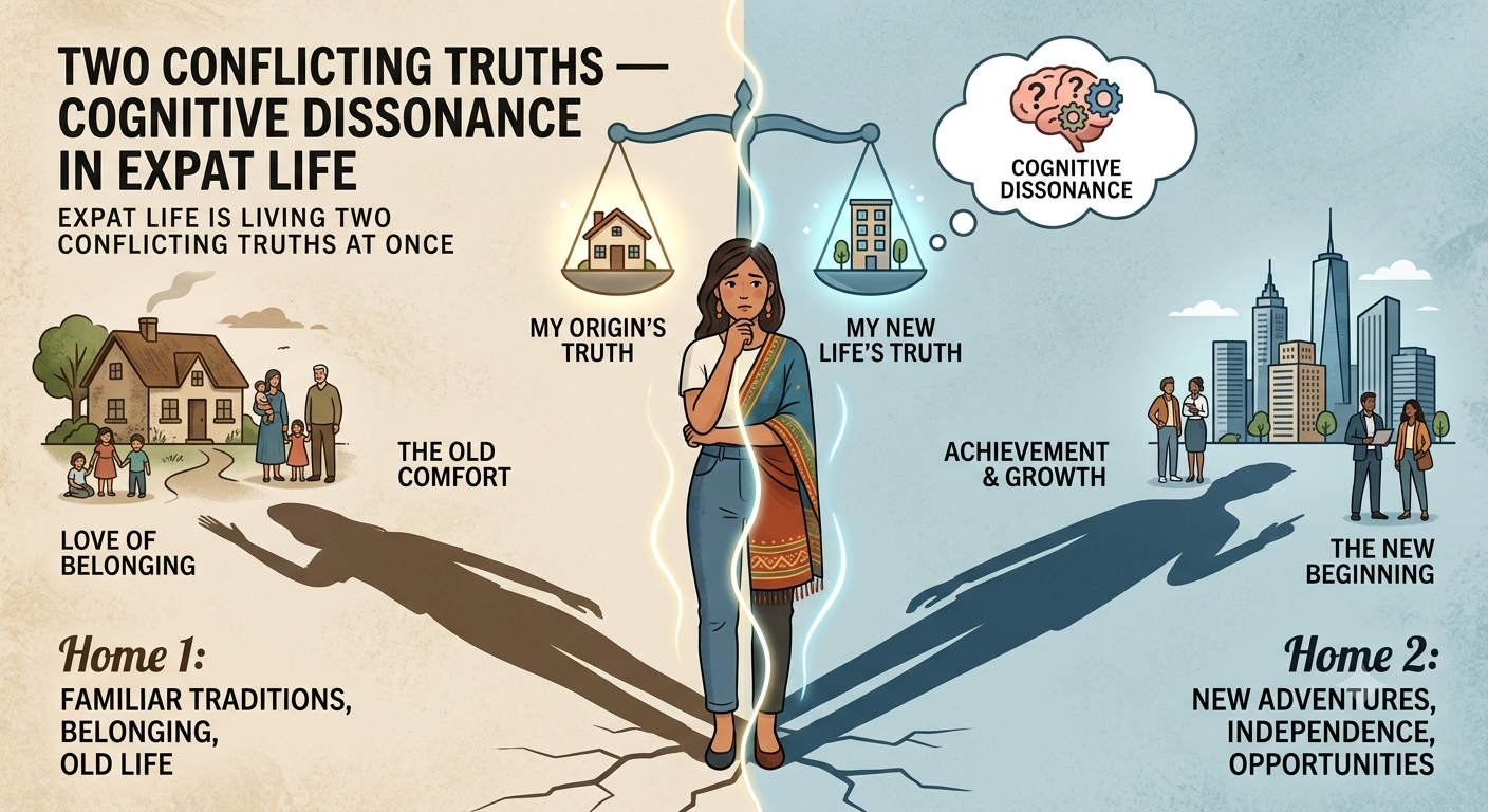 1. Two Conflicting Truths — for What Is Cognitive Dissonance in Expat Life? A single figure with a gentle split or two overlapping shadows pulling in opposite directions, or a balance scale holding two small "home" icons. Visualizes the core "two truths at once" idea.