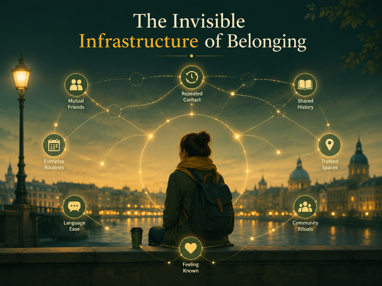 Expat experiencing loneliness abroad surrounded by the invisible foundations of belonging, including shared history, mutual friends, routines, language, community, and meaningful connection.