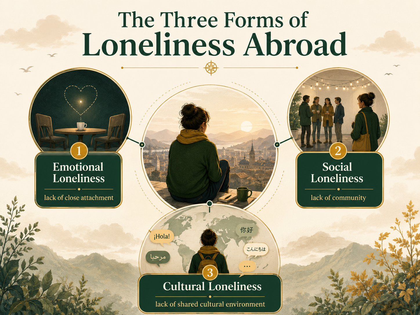Infographic showing emotional loneliness, social loneliness, and cultural loneliness experienced by expats and people living abroad.
