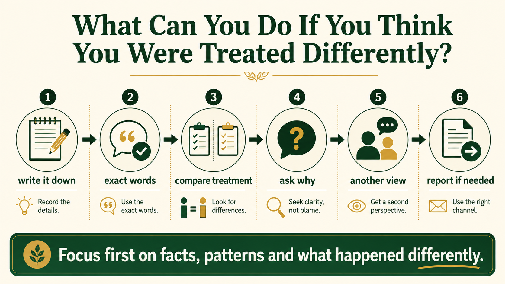 Practical infographic showing steps for assessing and responding to suspected unequal treatment in healthcare.