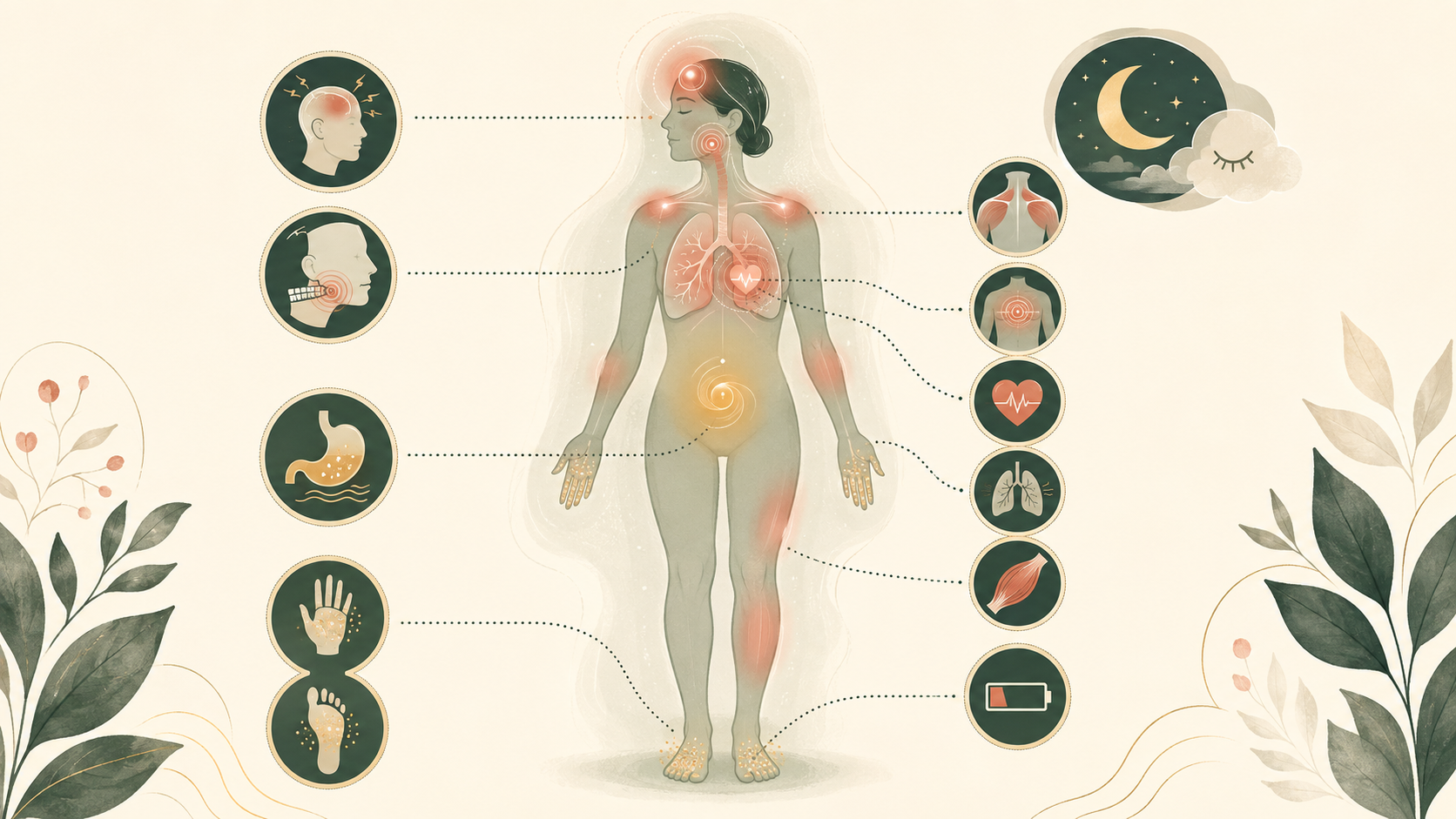 Body map showing common physical symptoms of anxiety, including chest tightness, headaches, nausea, muscle tension and fatigue.
