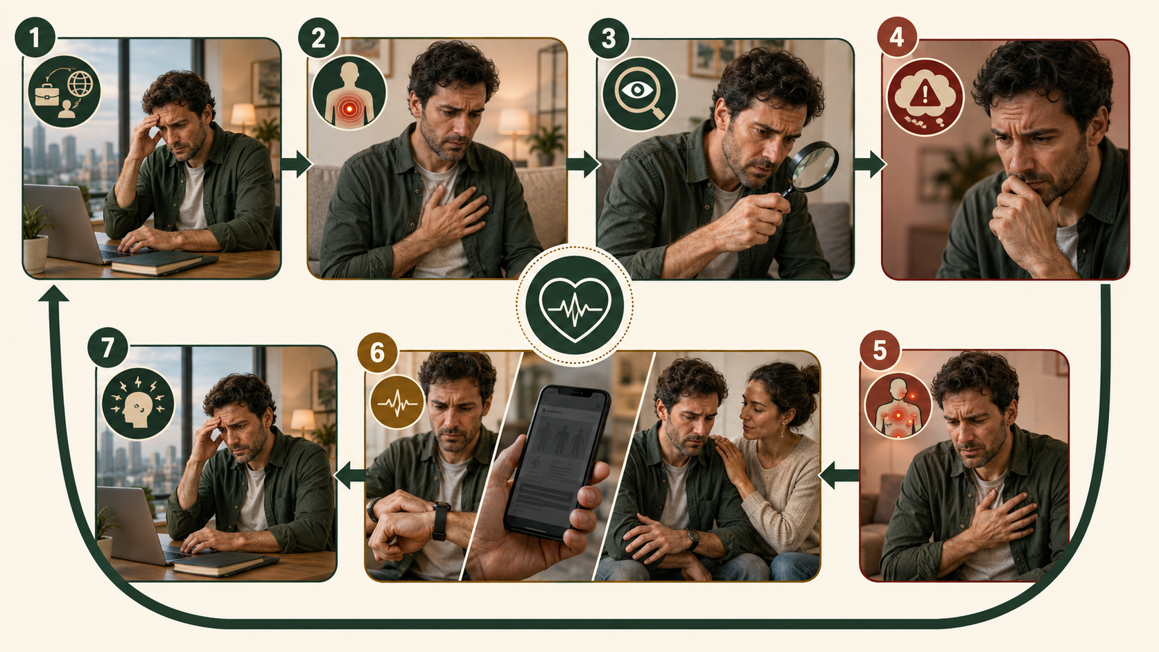 Circular visual showing how stress, physical sensations, body monitoring and reassurance can strengthen anxiety symptoms.