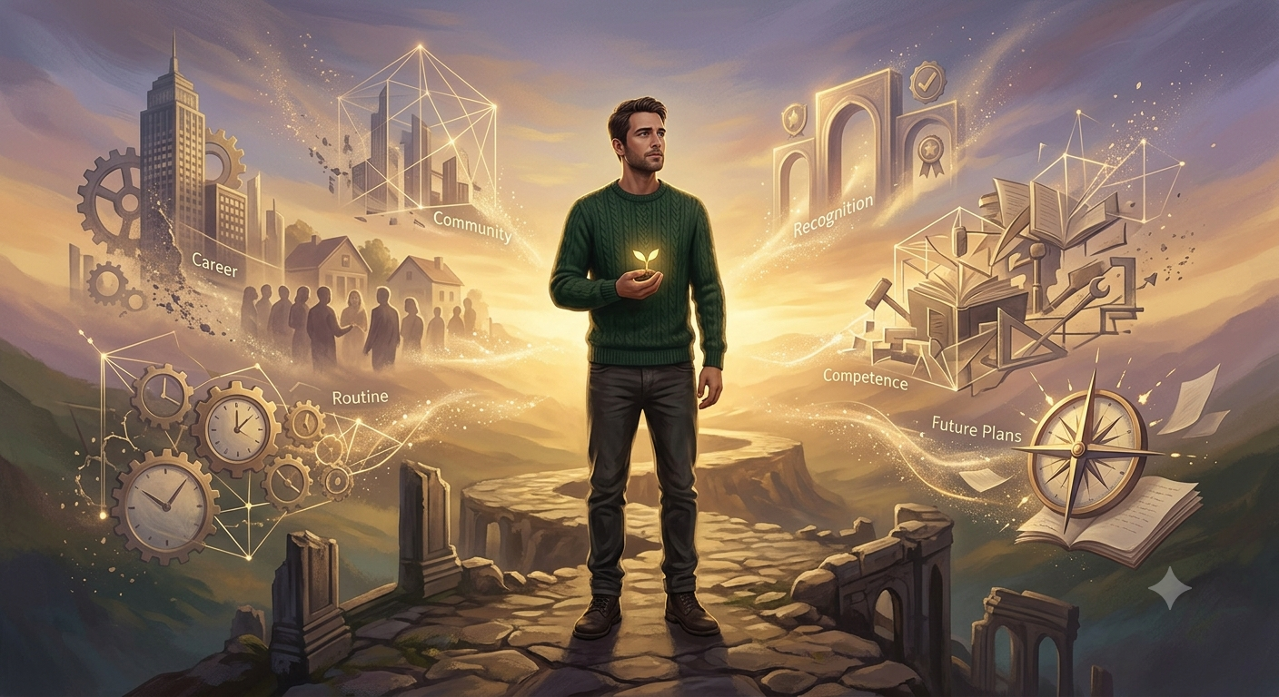 illustration of an expat whose previous sources of identity are represented by subtle disappearing structures around them: career, community, routine, recognition, competence, and future plans.