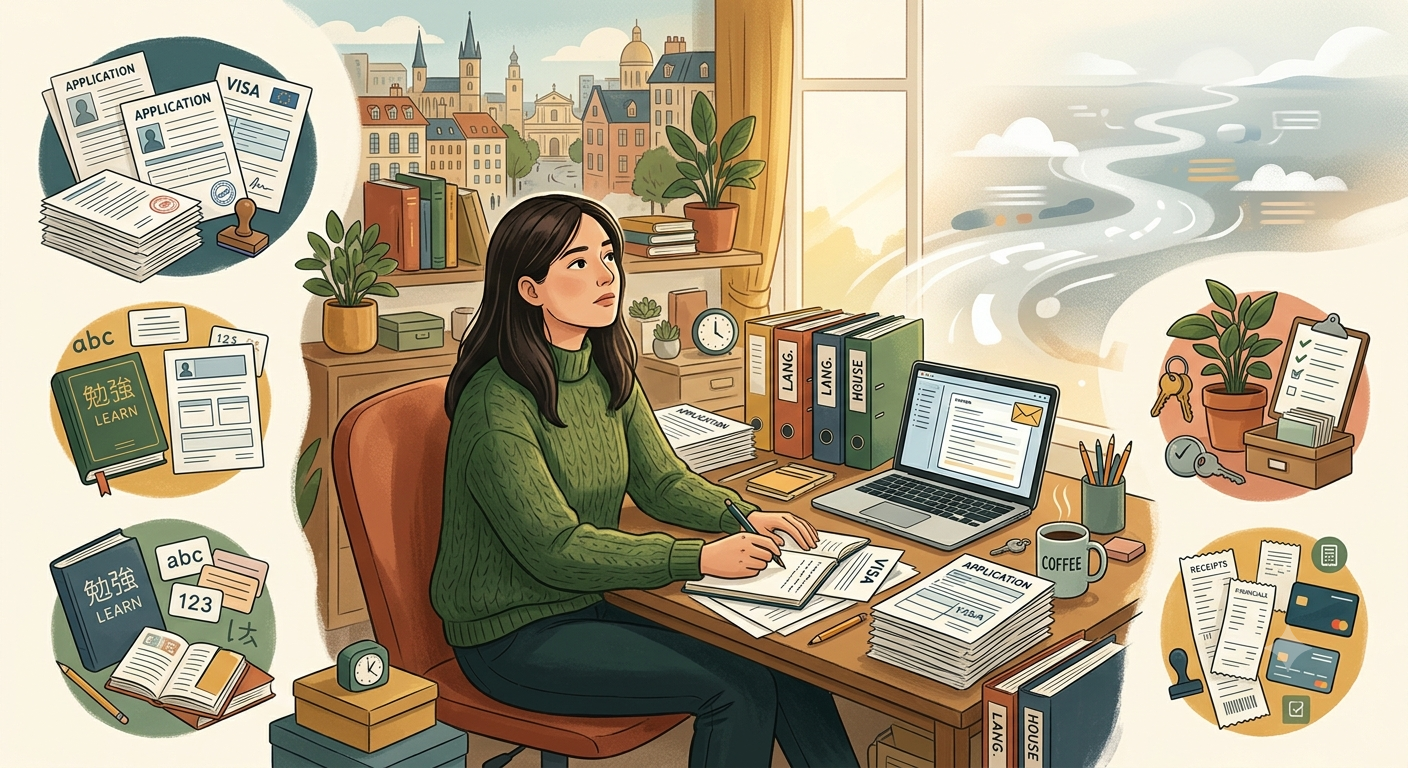 illustration showing one busy expat completing many practical tasks while still feeling emotionally disconnected from where those tasks are leading.