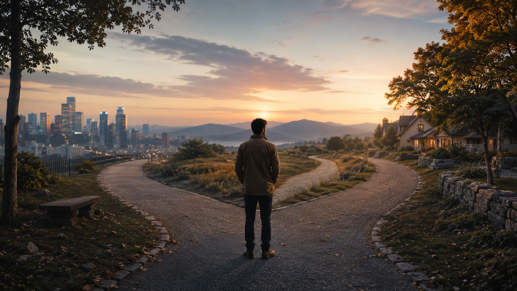 conceptual image of an expat standing at a calm crossroads. One path continues deeper into life abroad, another leads toward a changed arrangement, and another gently reconnects with home.