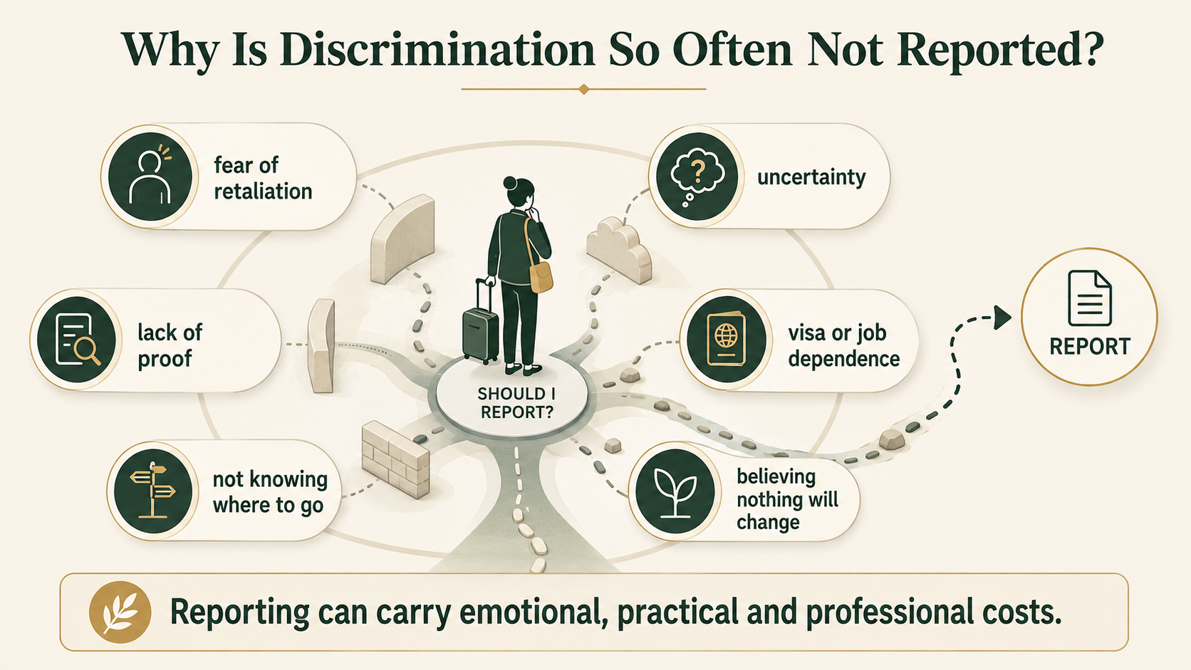 Infographic showing common reasons people may choose not to report discrimination abroad.