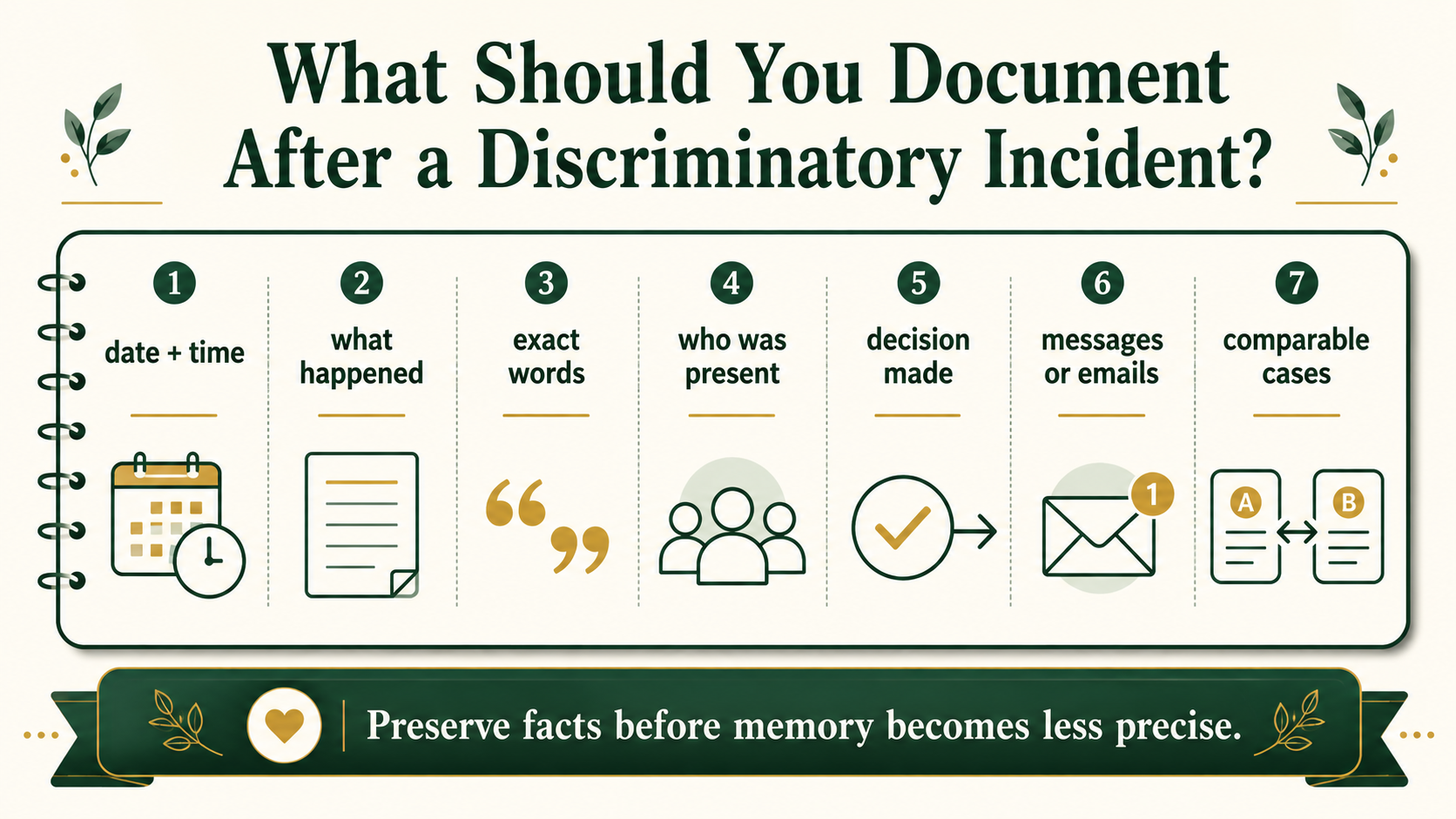 Practical infographic showing the key facts to document after a possible discriminatory incident.