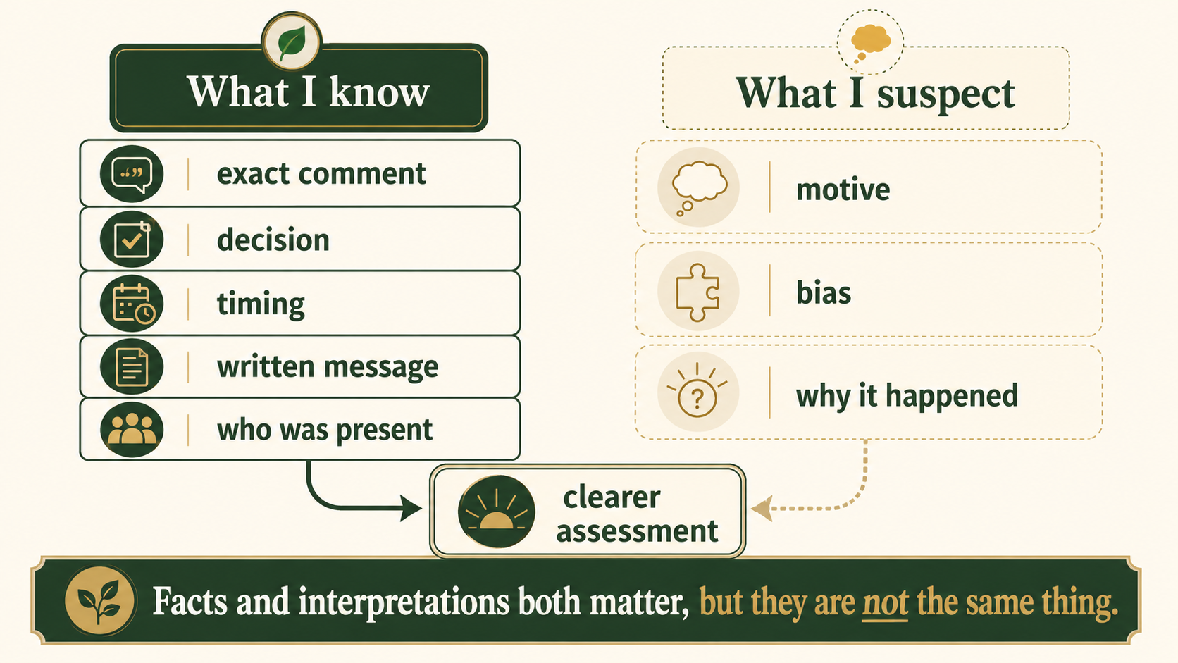 Infographic explaining the difference between documented facts and suspected motives when assessing discrimination.