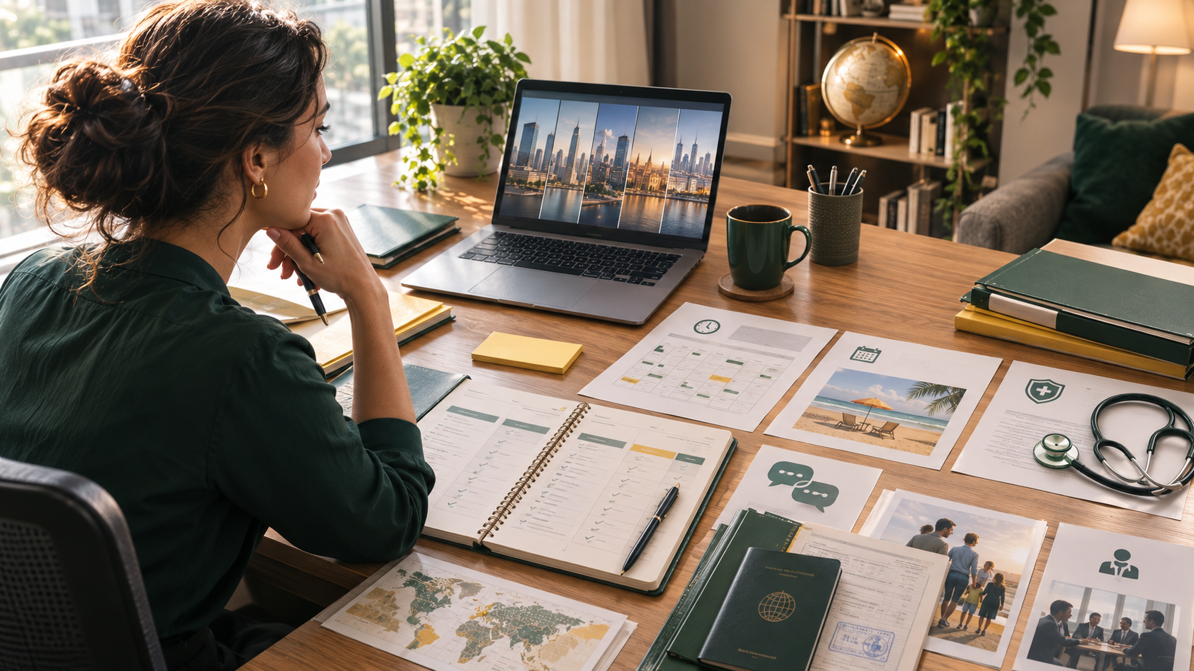 International professional comparing overseas job offers by working hours, leave, visa conditions, language expectations and family support.
