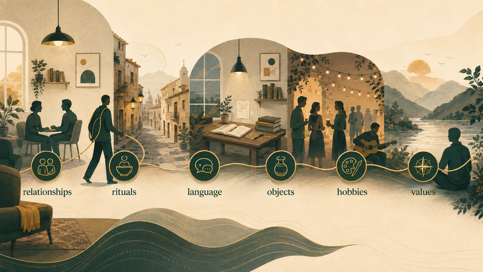Conceptual graphic showing personal relationships, rituals, values and routines creating continuity across different places over time.