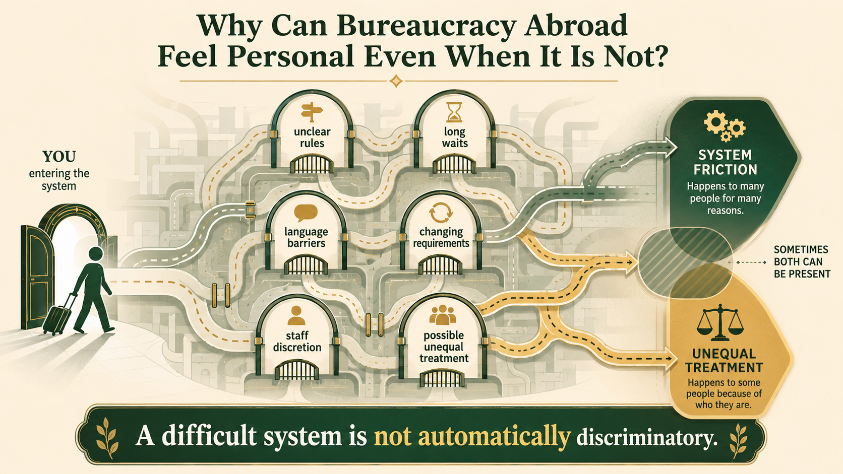 Conceptual infographic showing several possible reasons why bureaucracy abroad can feel unfair, including system complexity, language barriers and unequal treatment.