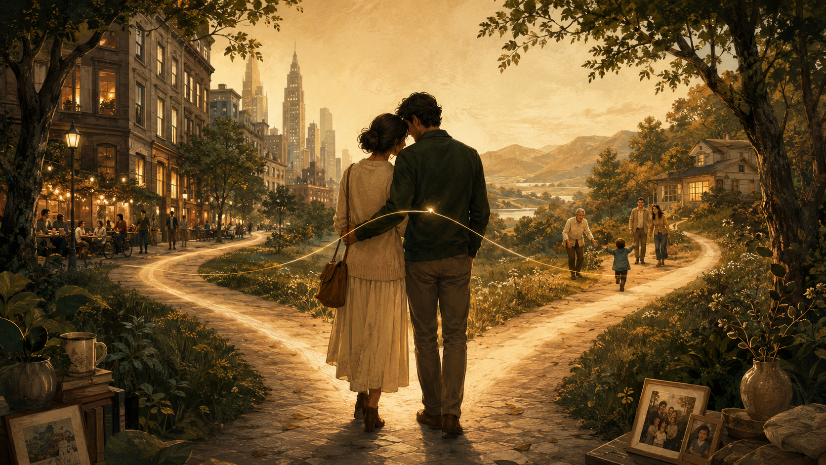 illustration of an expat couple standing together where one shared path gradually divides into two equally meaningful directions.