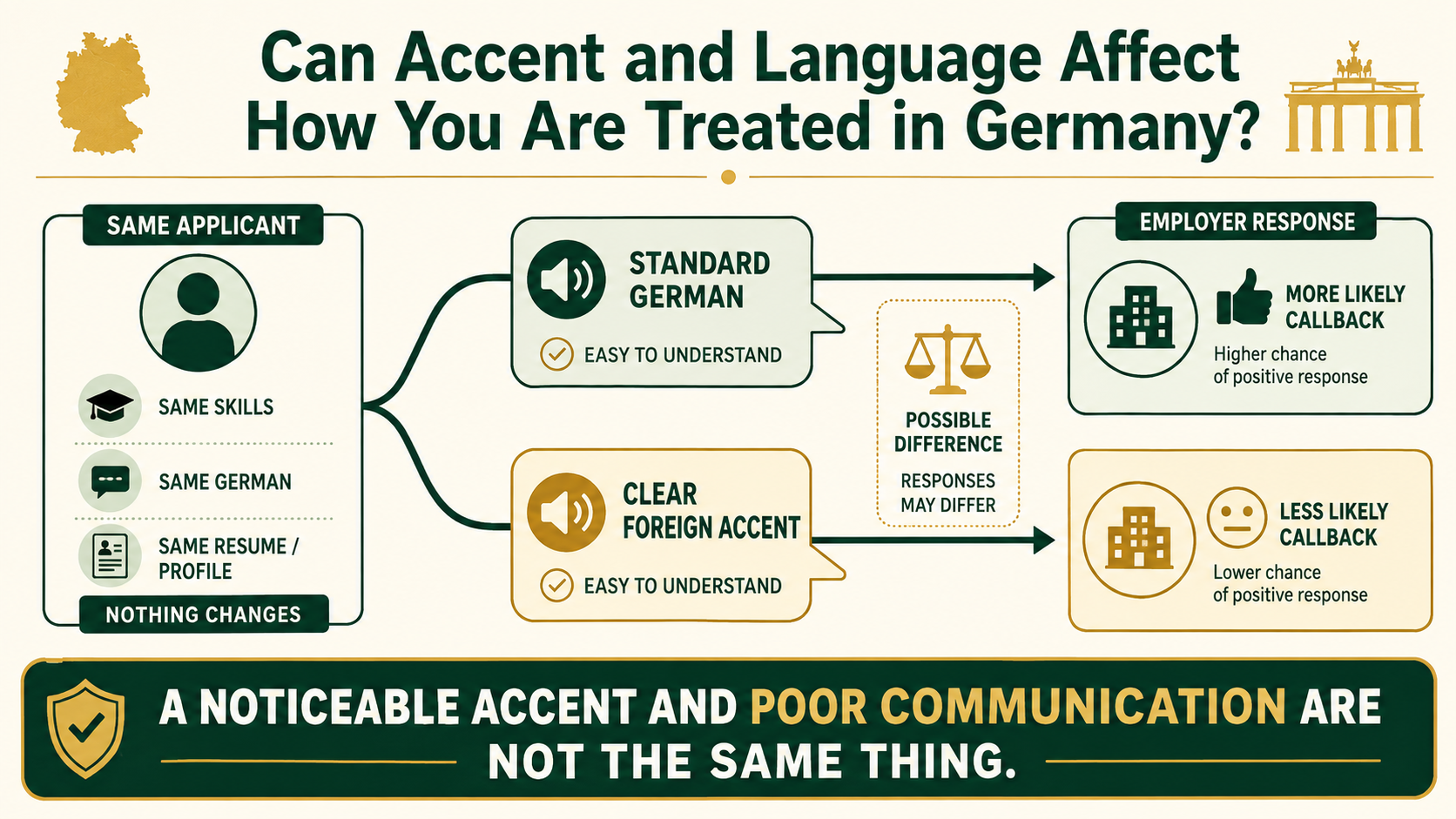 Infographic showing how an understandable foreign accent can influence employer evaluations in Germany even when qualifications remain unchanged.