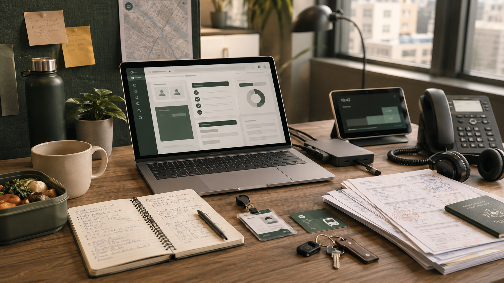 New employee’s desk combining workplace onboarding materials with transport, housing and relocation documents.
