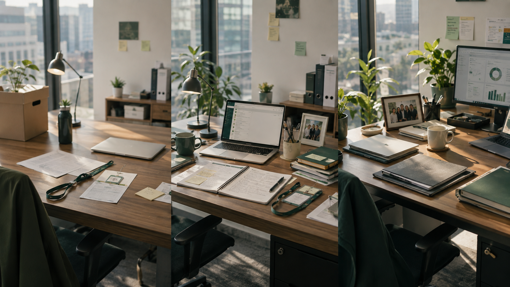 New international employee’s workspace gradually becoming more organized, connected and confident during the first months.