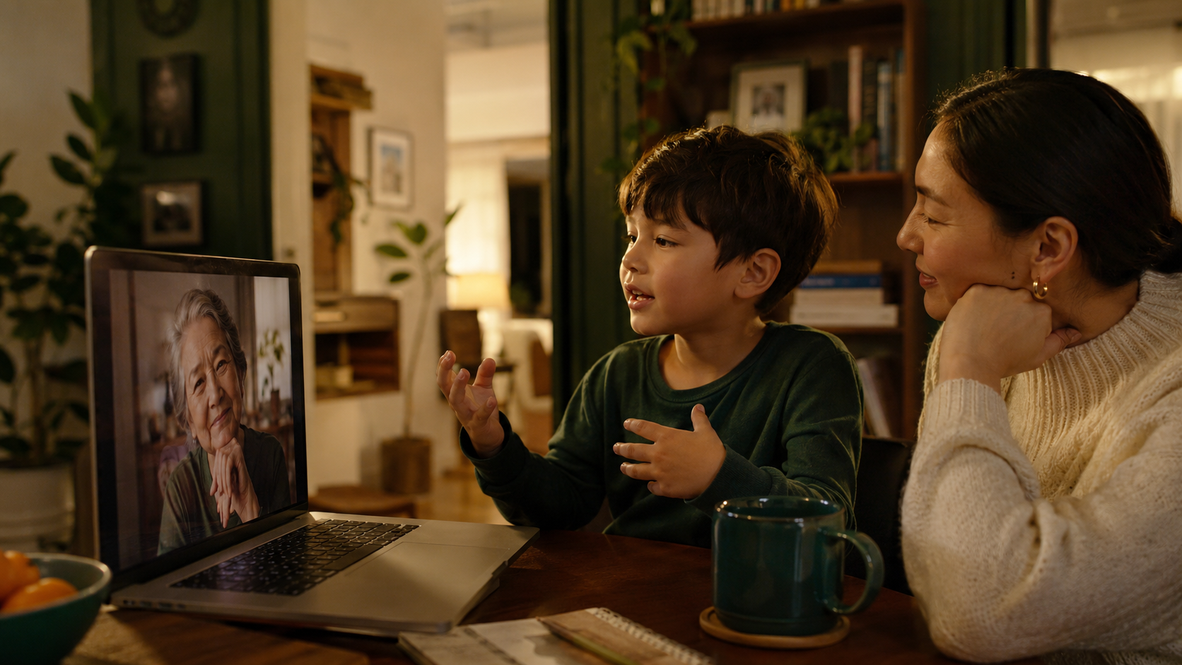 Multilingual child searching for words while talking with a grandparent in the family's heritage language.