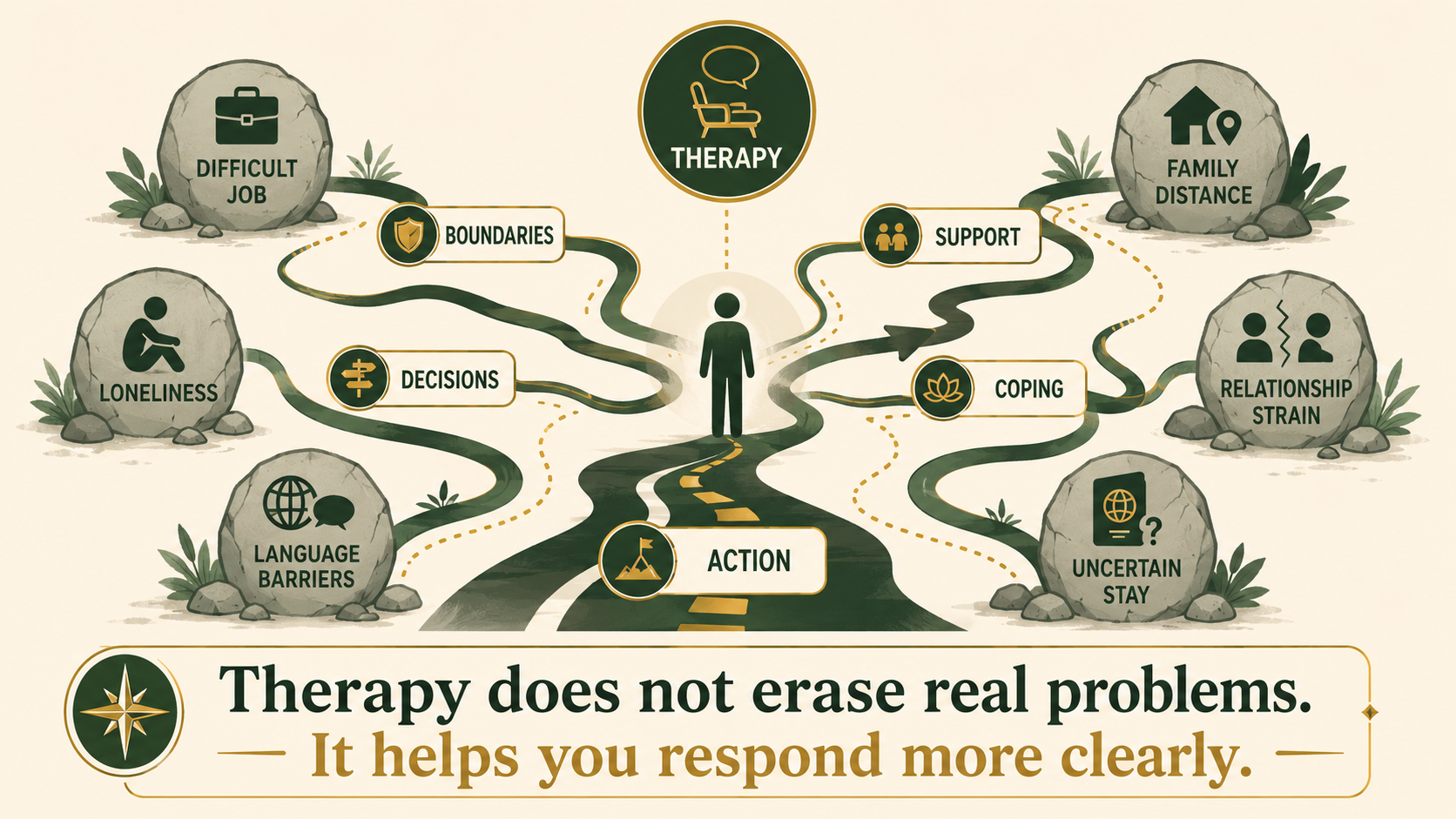 Conceptual graphic showing therapy helping an expat respond more clearly to real challenges such as loneliness, work stress and family distance.