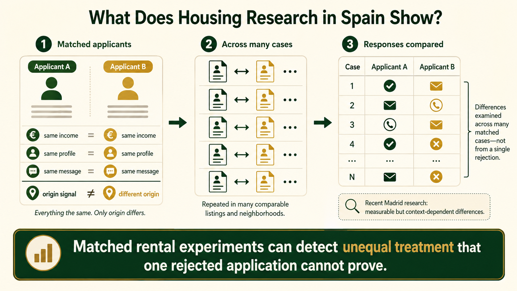 Infographic showing how matched rental applications are used to test housing discrimination in Spain.