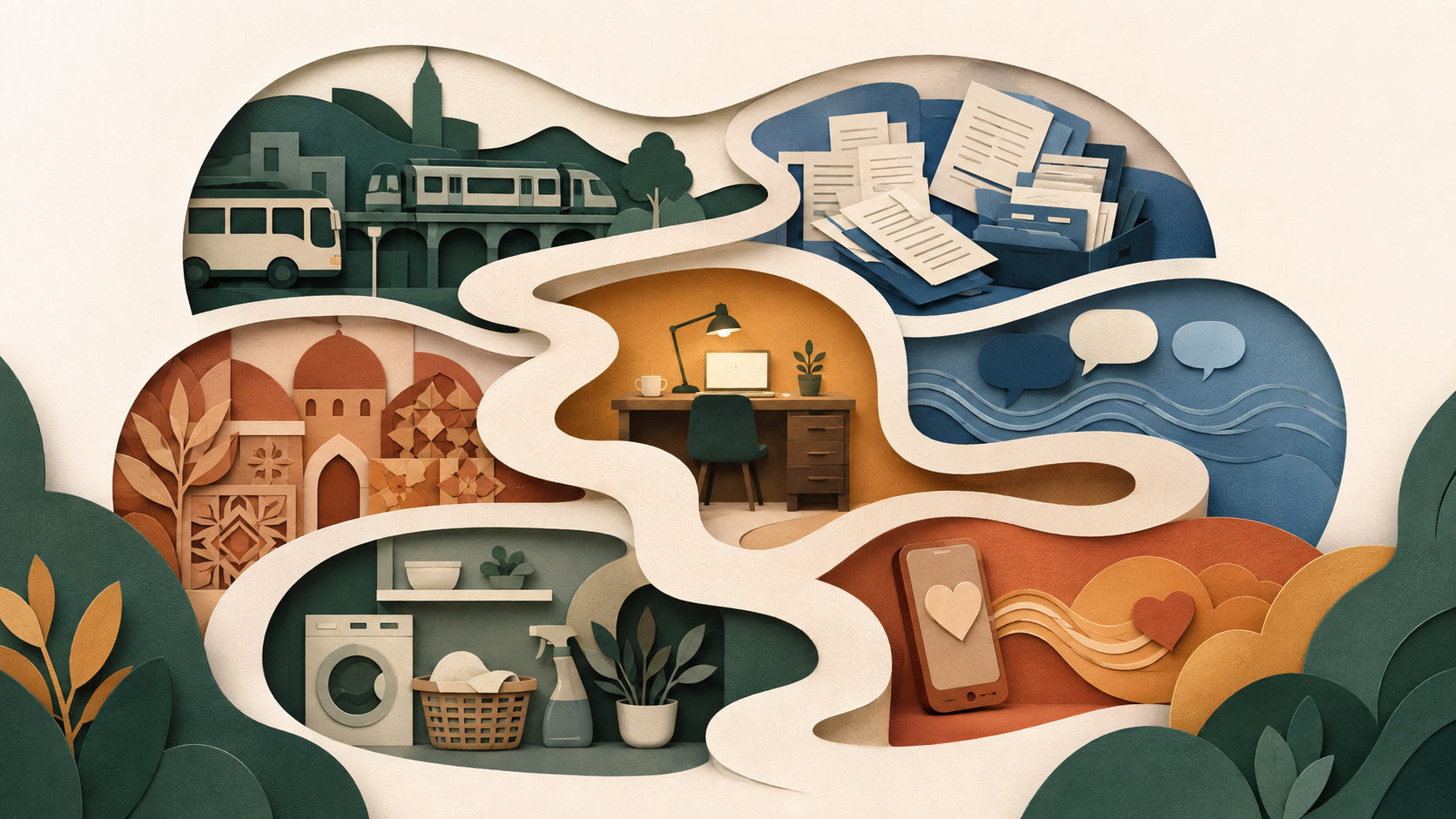 Paper-cut maze illustrating the hidden language, paperwork, cultural and practical effort added to an ordinary working day abroad.