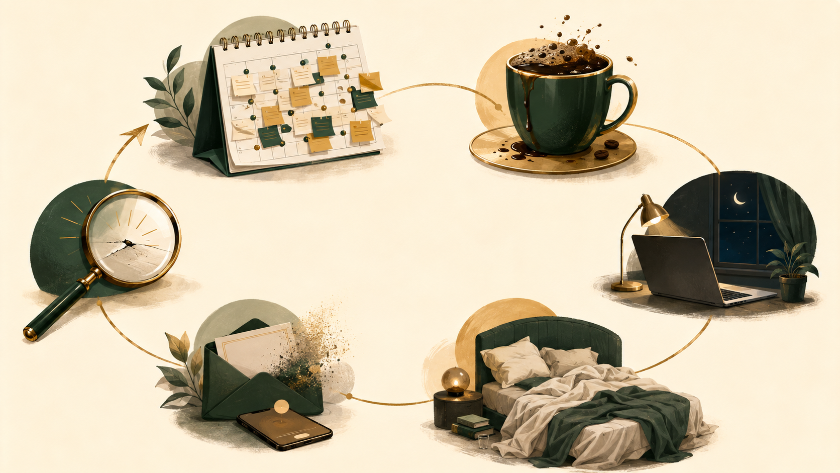 Create a clean conceptual infographic-style illustration without labels. Show a circular sequence made from six connected objects: a crowded calendar, an overfilled coffee cup, a laptop staying open late, a bed with disturbed sheets, a dimmed social invitation and a magnifying glass focused on a small mistake. The final object should reconnect to the crowded calendar, showing how exhaustion leads to overworking and deeper burnout. Use an airy cream background with modern editorial shapes, warm amber highlights and deep green details. Visually clear, sophisticated and easy to understand, no readable text, 16:9 landscape.