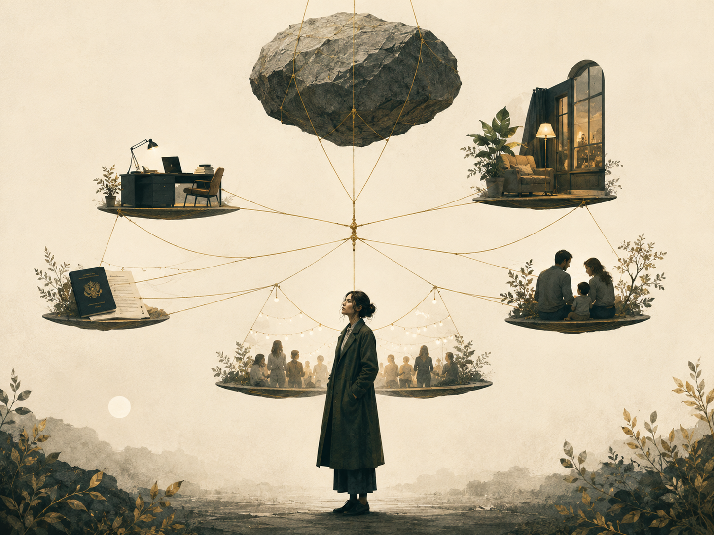 a conceptual illustration of a person standing beneath a suspended object that may or may not fall, while several parts of their life depend on the same fragile support: employment, home, legal residence, family stability, and belonging.