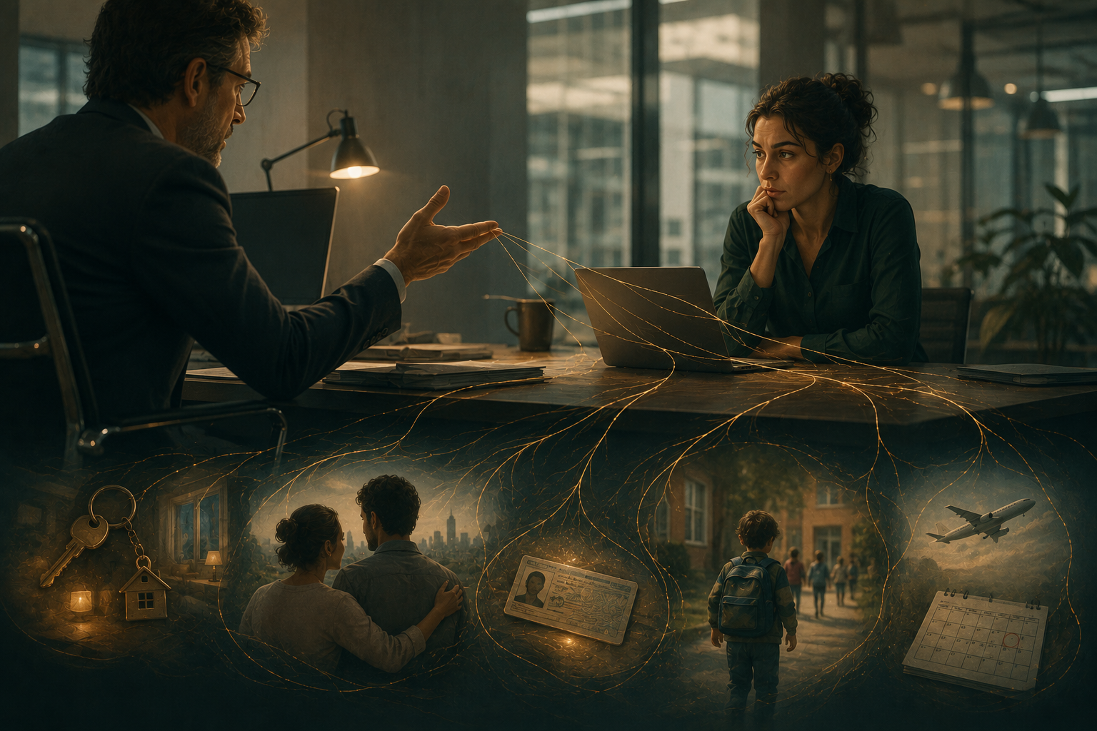 sophisticated editorial image showing an international employee in a workplace where invisible strings connect their manager’s desk to the employee’s residence card, home, partner, and future plans.