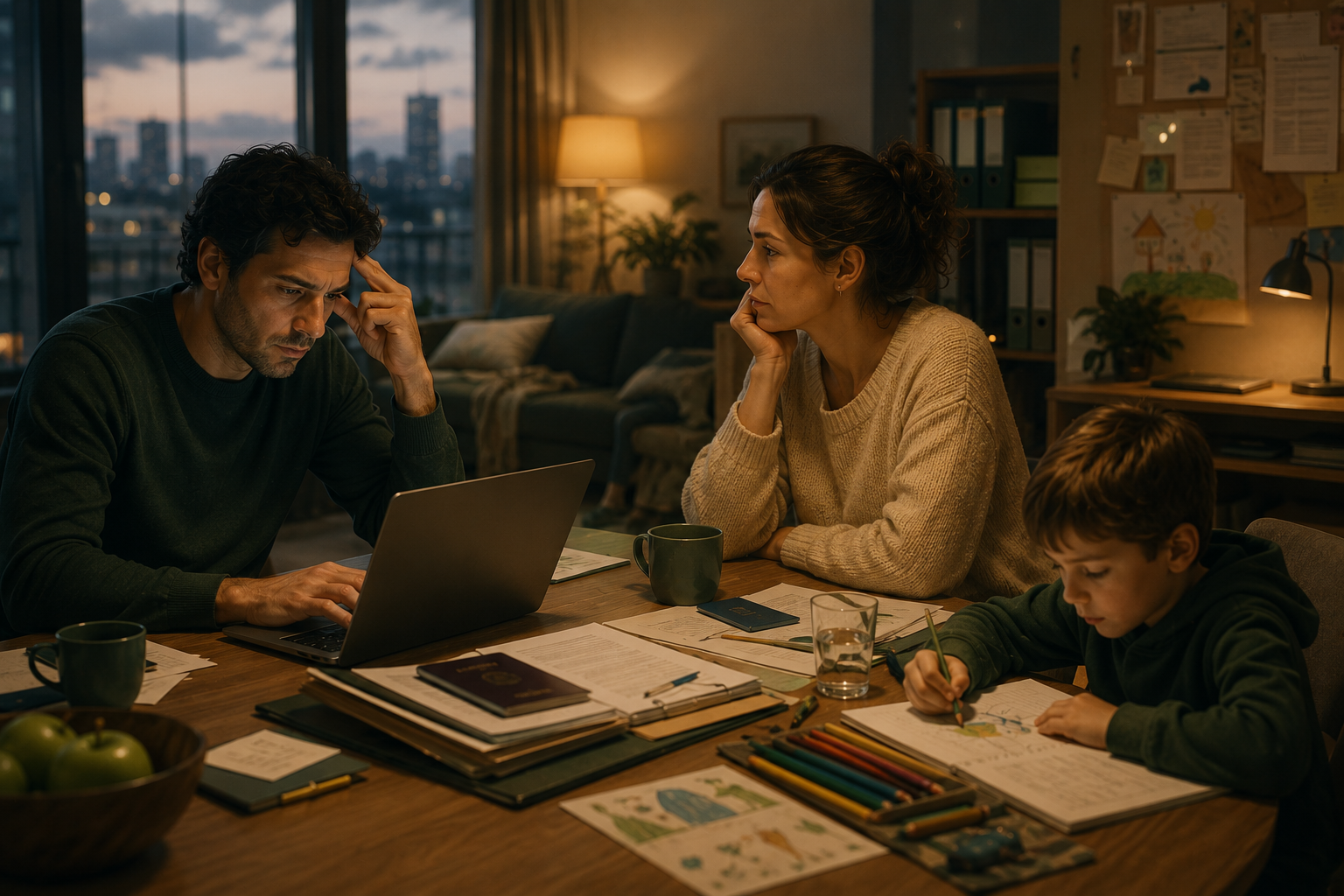 a cinematic family scene in an apartment abroad. One parent is quietly carrying work and visa anxiety, the partner is trying to understand the situation