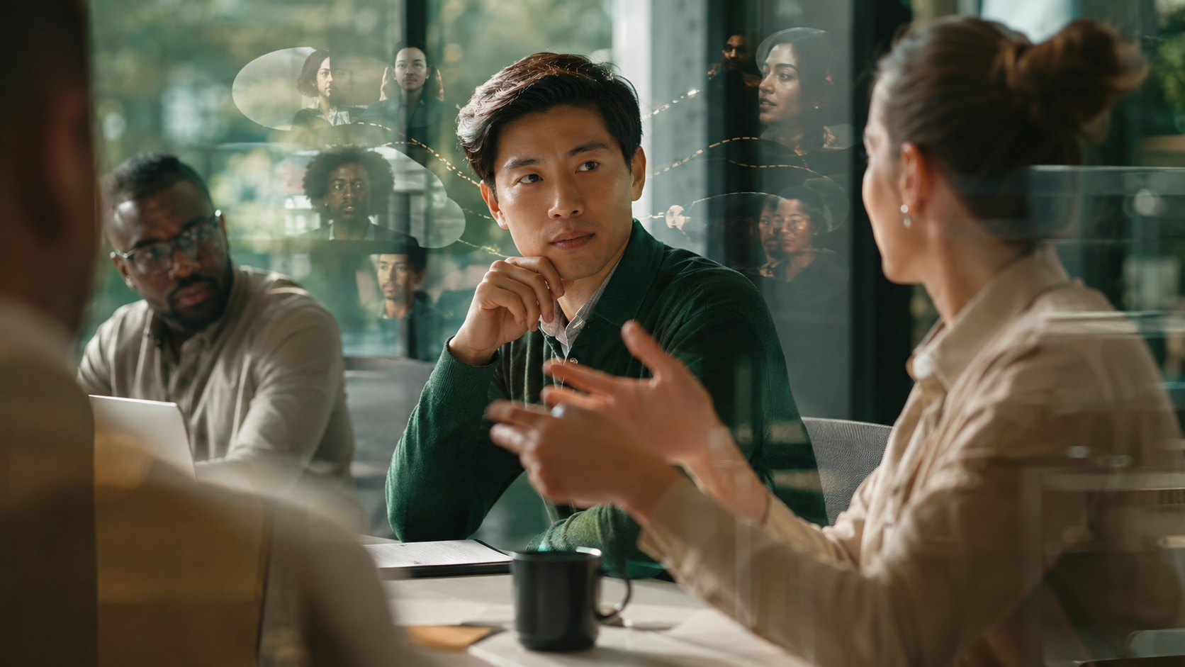 International employee following a meeting successfully while managing the hidden mental effort of second-language communication.