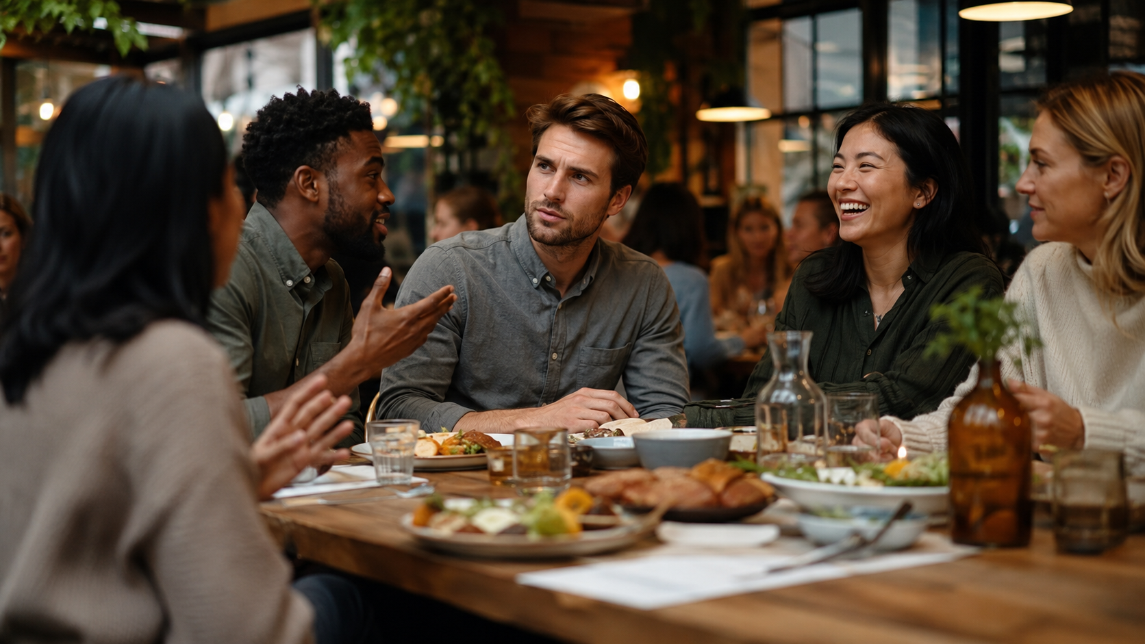 Expat concentrating during a fast group conversation with several speakers and background noise.
