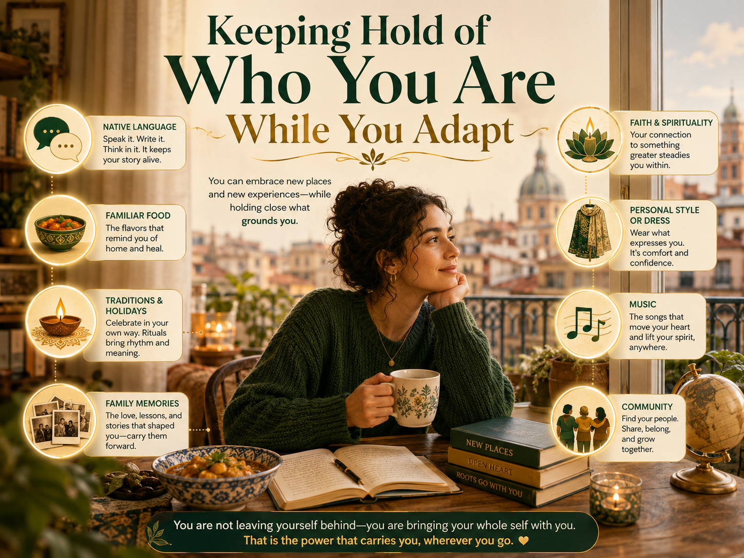 Expat practising self-care abroad by staying connected to native language, familiar food, traditions, faith, personal style, music, family memories, and community while adapting to a new country.