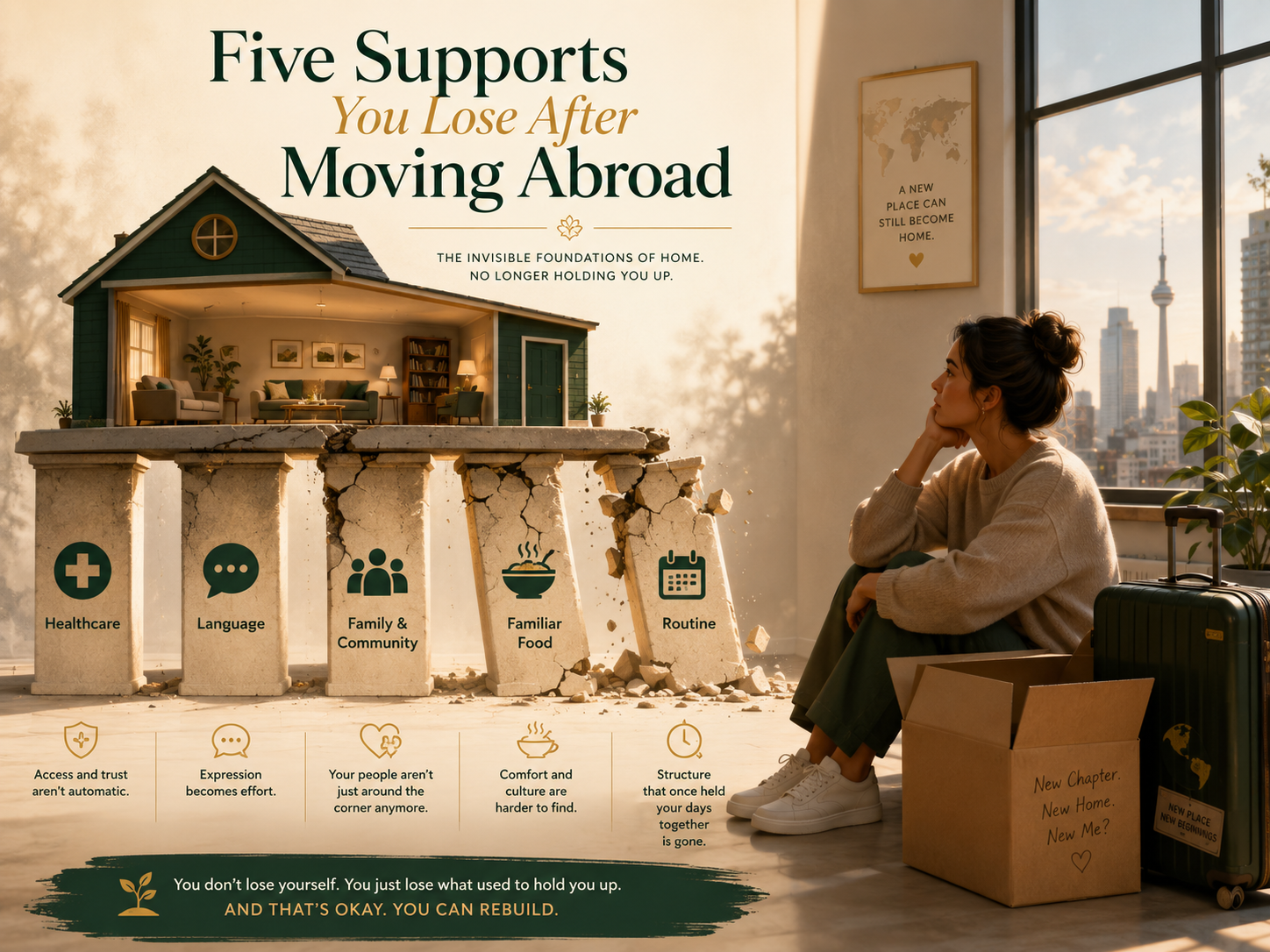 Conceptual infographic showing the five supports people often lose after moving abroad, healthcare, language, family and community, familiar food, and routine, illustrated as crumbling foundations beneath a home.