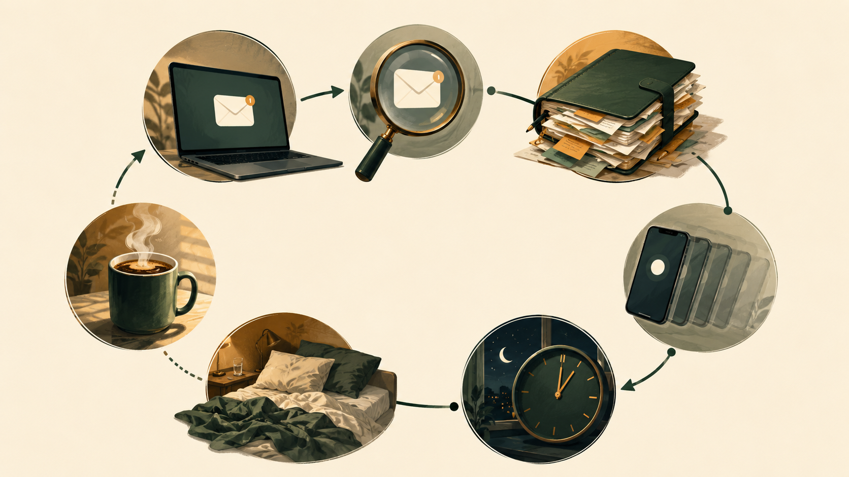 Circular sequence showing how uncertainty, checking, overpreparing, poor sleep and fatigue reinforce work anxiety.