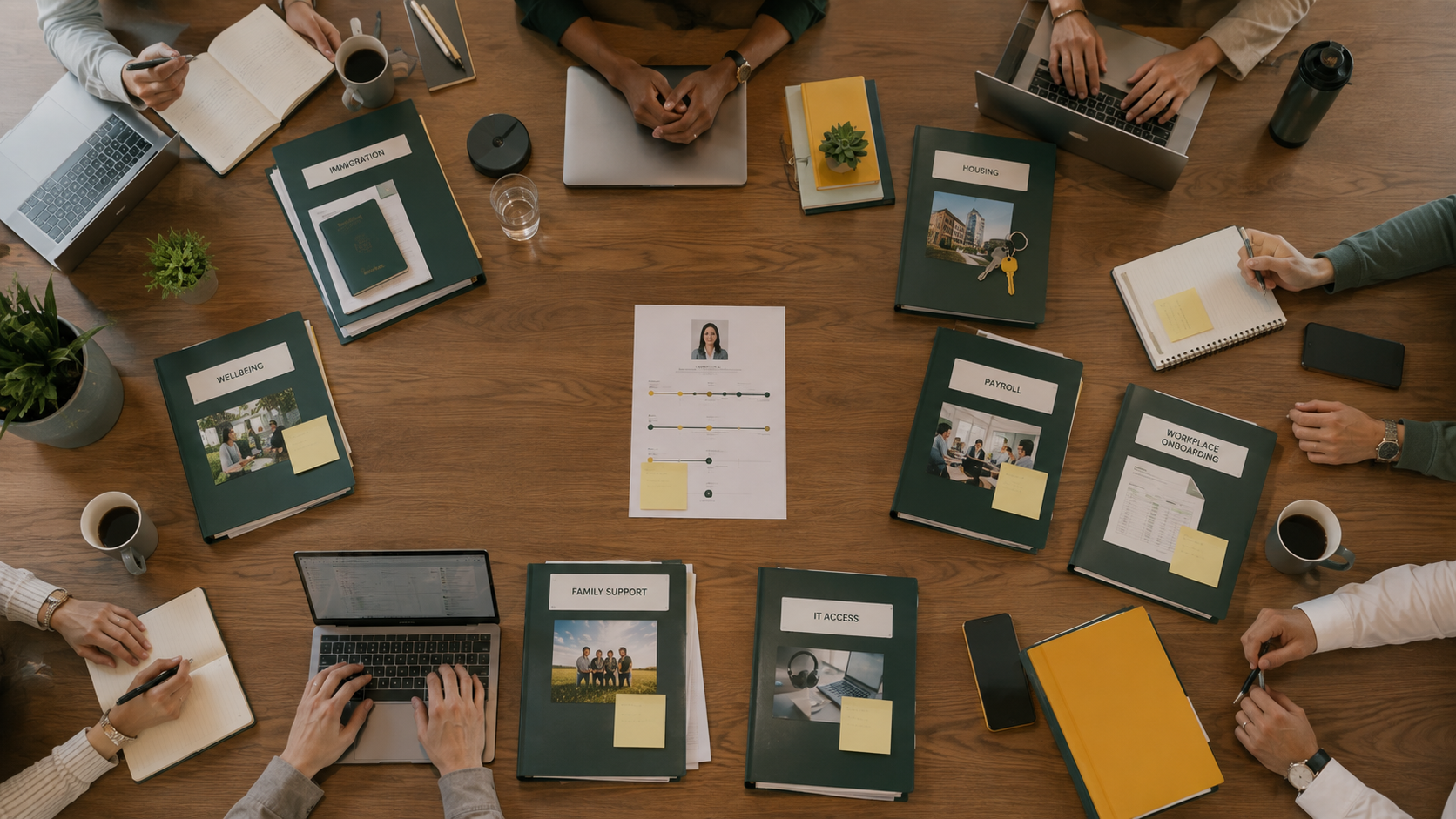 Create a realistic editorial workplace scene showing an HR leader, Global Mobility specialist, line manager and external relocation adviser gathered around one shared onboarding timeline. Each person is responsible for a clearly different part of the process, visible through practical materials such as immigration documents, housing information, role expectations, technology access and wellbeing support. One person is marking ownership and deadlines on a large planning board, but no writing should be readable. The mood should feel collaborative, accountable and operational rather than like a generic corporate meeting. Modern international office, natural daylight, diverse professionals, forest green and warm gold accents, 16:9 landscape.
