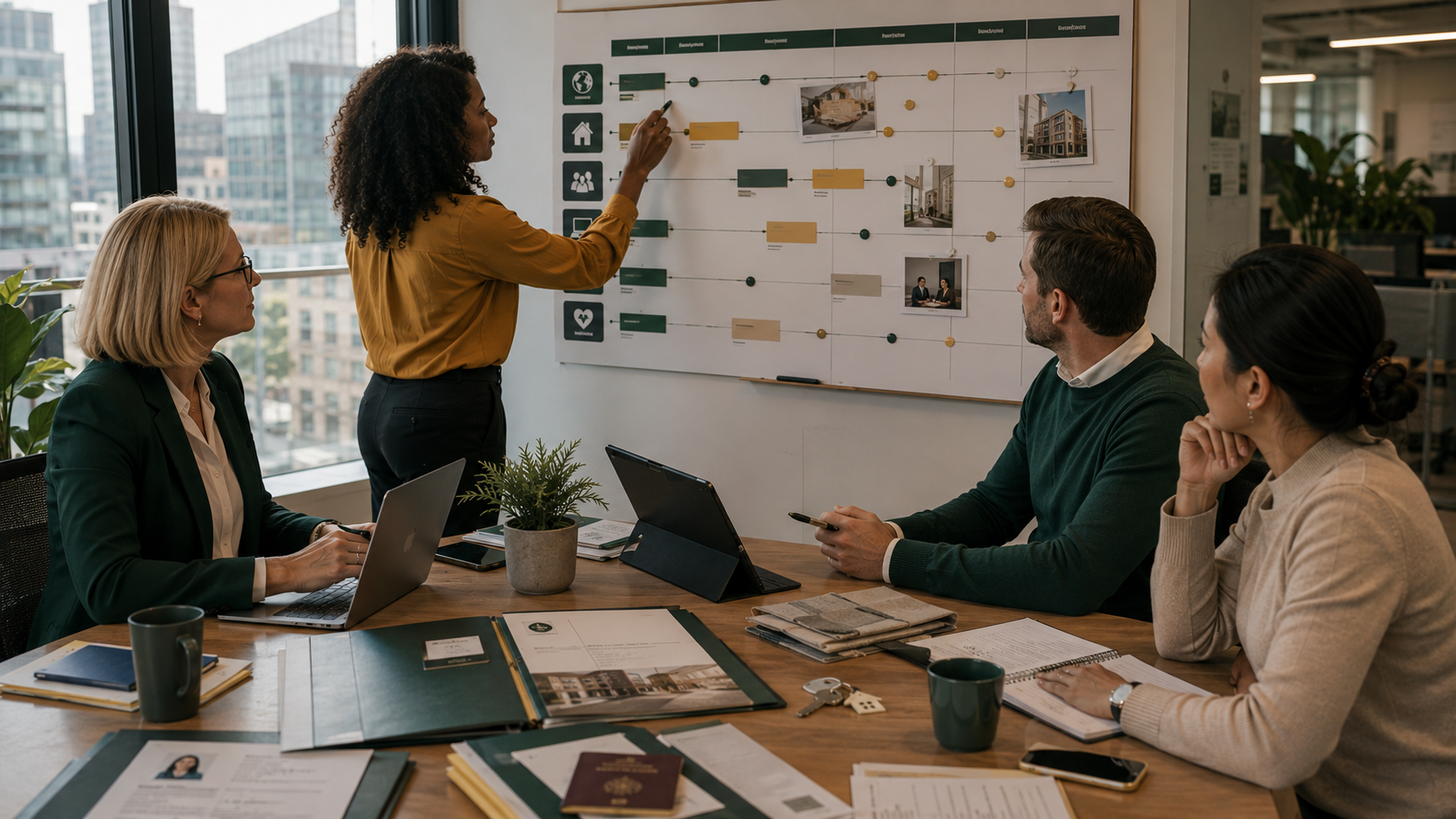 HR, Global Mobility, a manager and a relocation adviser assigning clear ownership across an international employee onboarding plan.