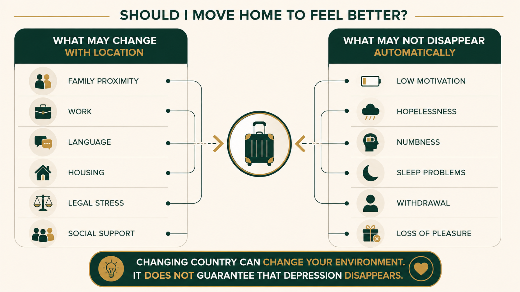Infographic comparing environmental factors that may change after moving home with depressive symptoms that may continue.