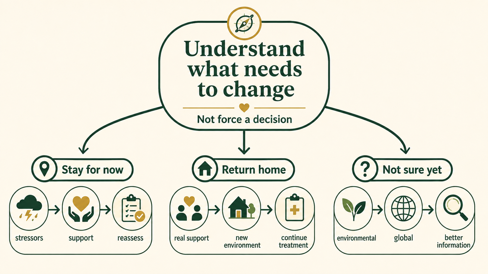 Decision infographic showing options to stay abroad, return home, or gather more information before deciding.