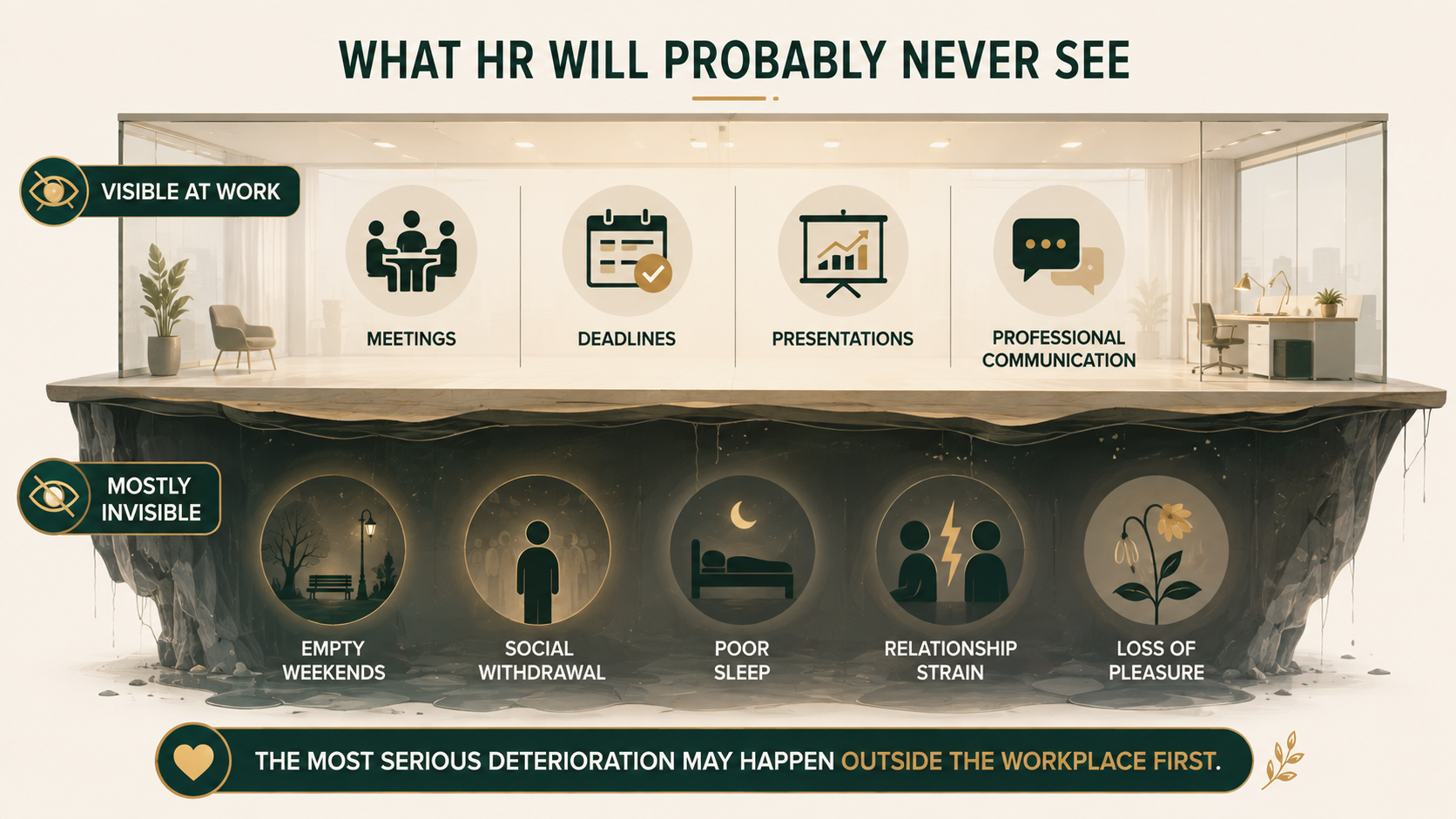 Infographic contrasting visible workplace performance with hidden difficulties such as poor sleep, withdrawal and loss of pleasure.