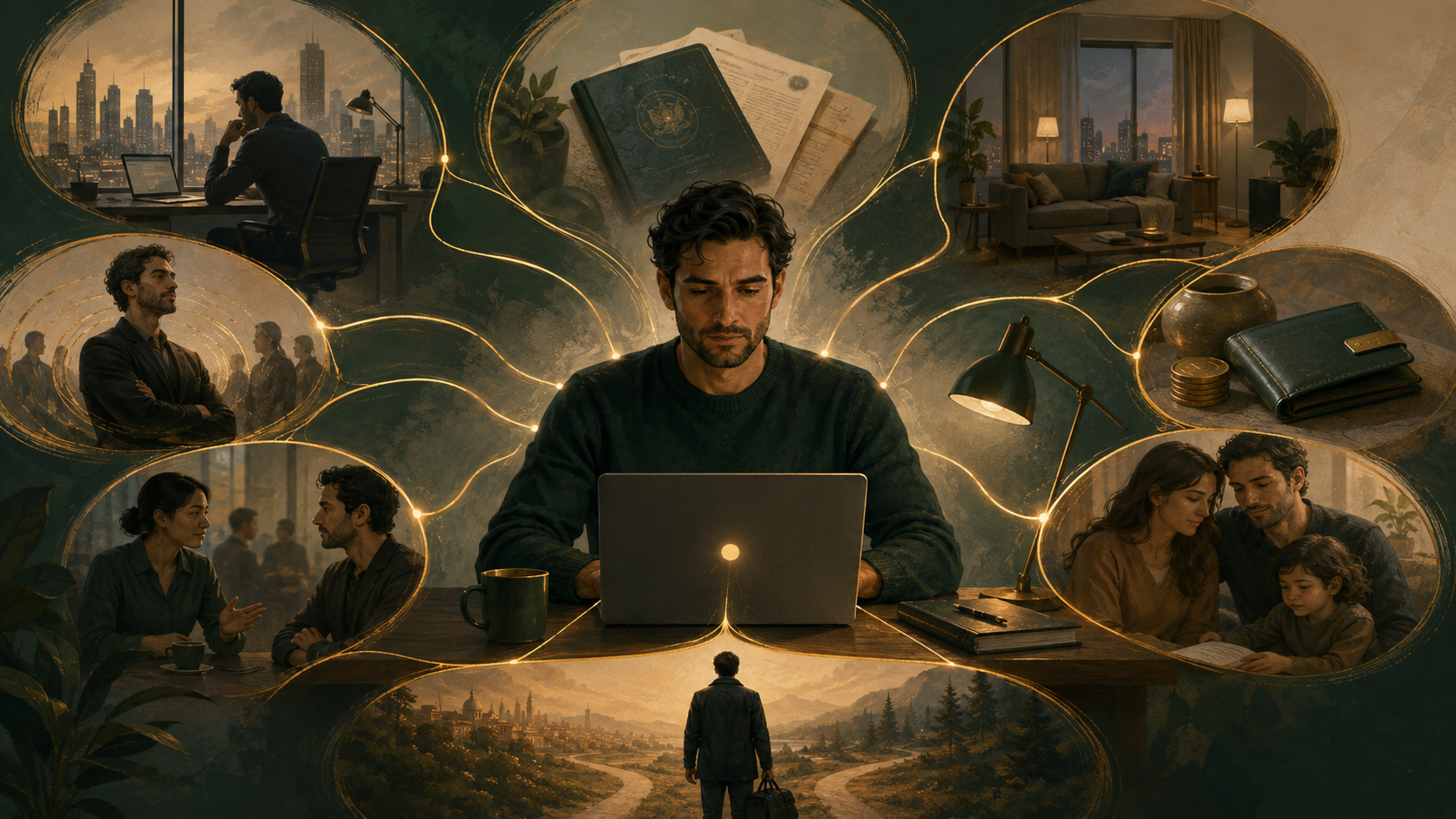 Conceptual illustration showing how workload, job security, visa status, finances, identity, language and family pressures accumulate for an expat.