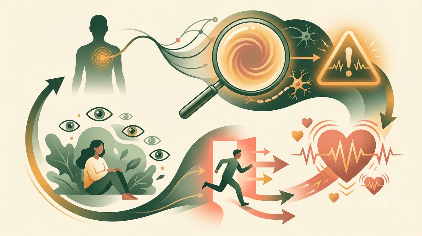 Circular visual showing how body sensations, fearful interpretation, escape and temporary relief reinforce panic.