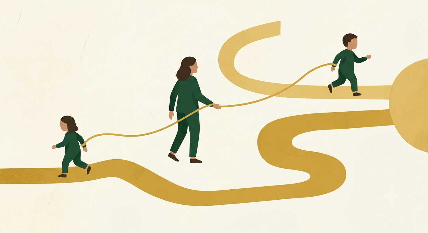 Two children on separate paths moving at different speeds toward the same point, with a parent alongside both.