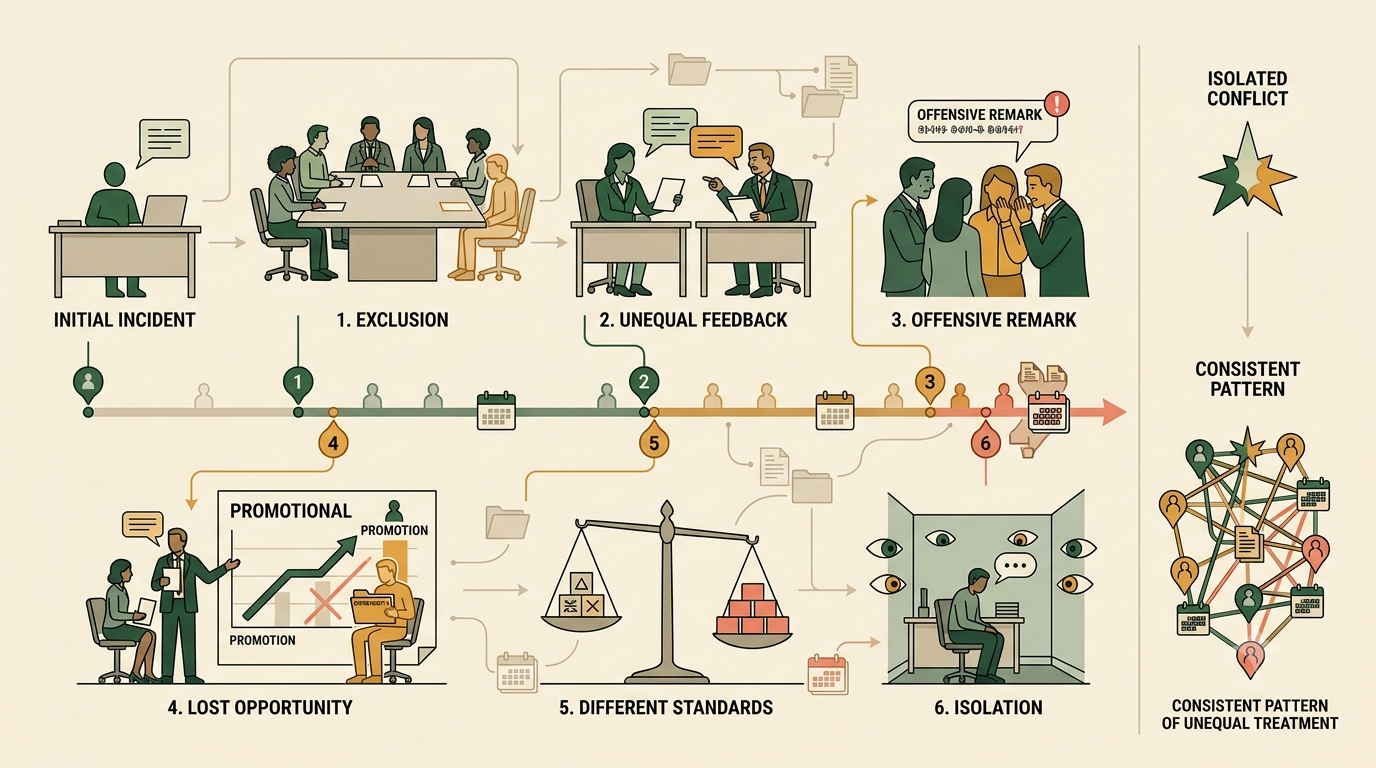 Timeline showing how repeated exclusion, unequal treatment and offensive remarks can form a workplace discrimination pattern.