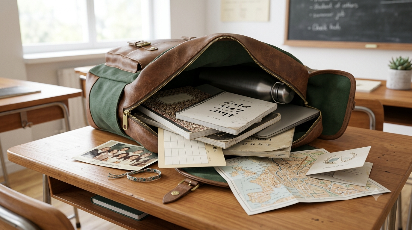 School backpack containing reminders of previous schools, friendships, languages and transitions beside a new blank timetable.