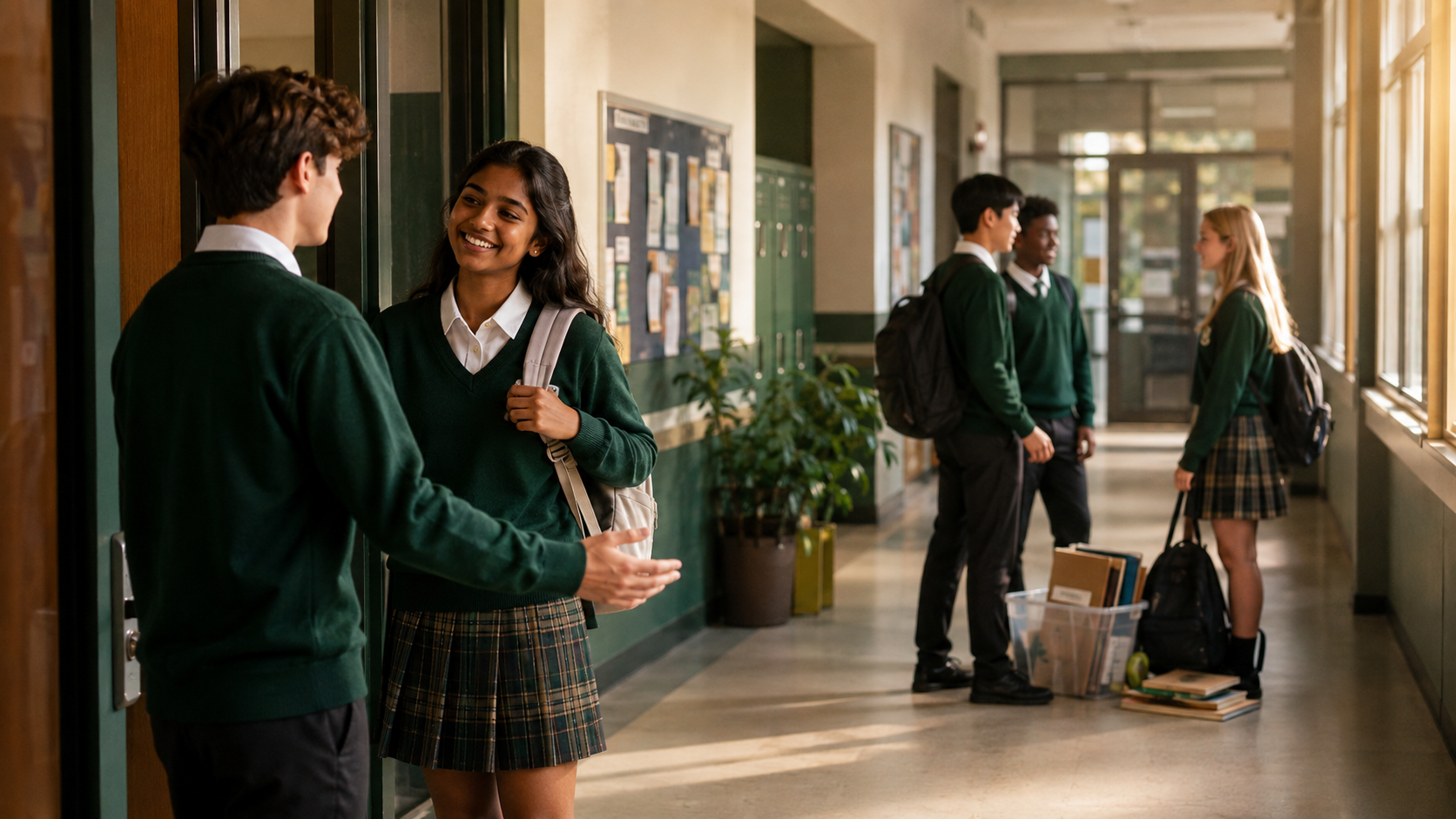 International-school corridor showing one student arriving while another says goodbye, highlighting the emotional cycle of school transitions.