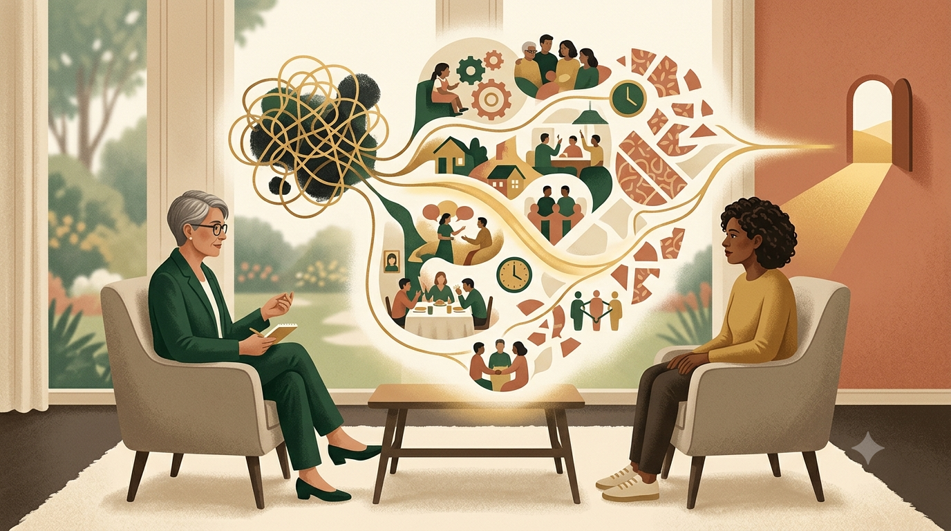 The therapist is not giving instructions; they are helping the client see connections that were previously unclear.