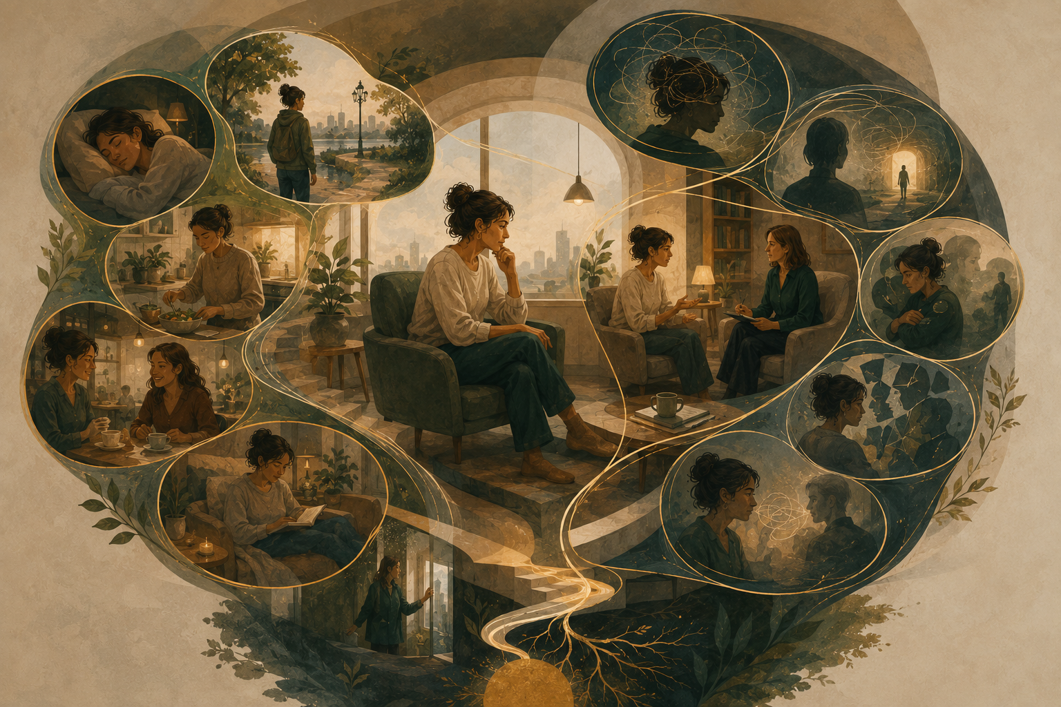a thoughtful editorial illustration showing self-care and therapy as complementary forms of support