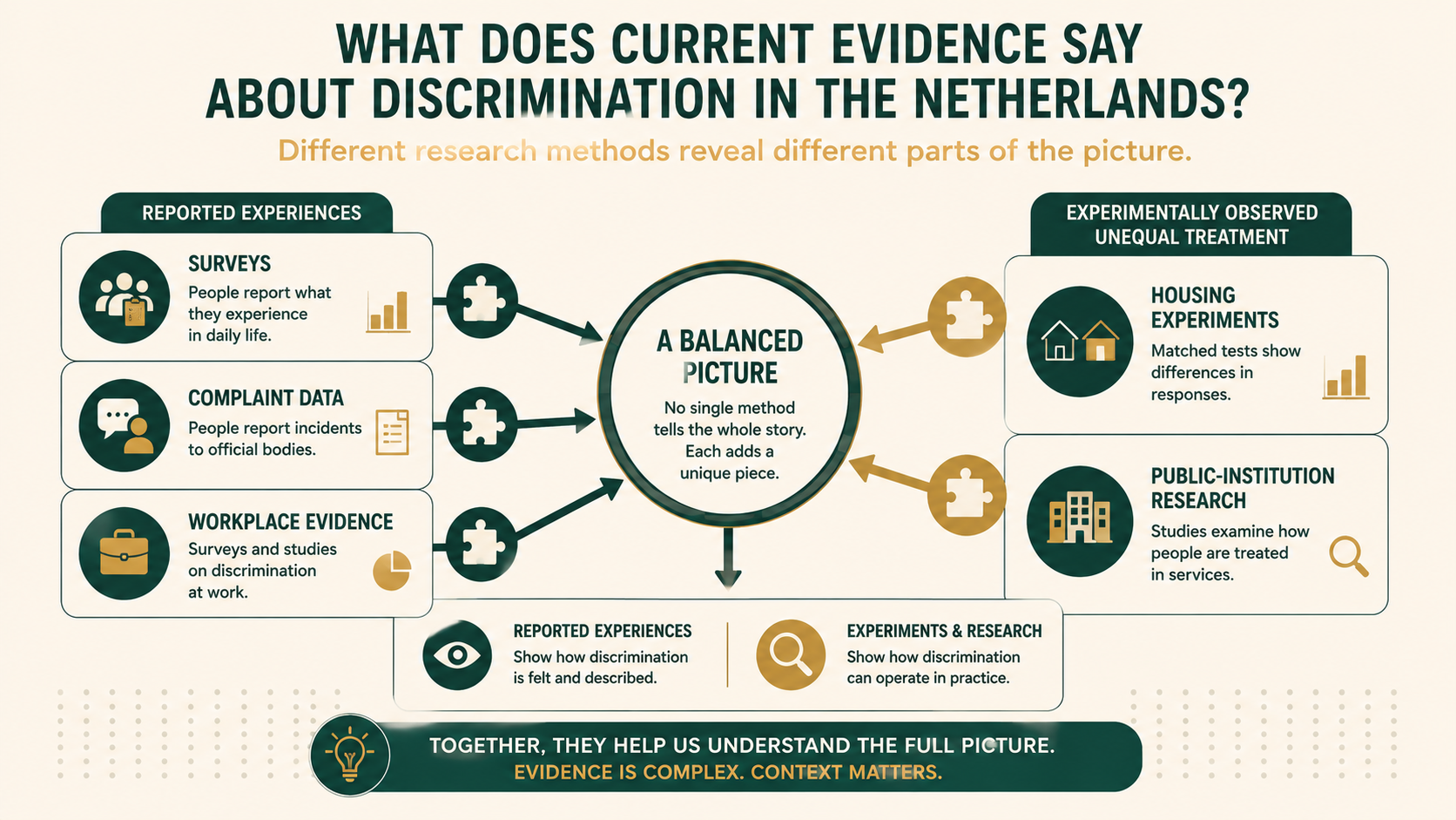 Infographic showing how surveys, field experiments and institutional data provide different evidence about discrimination in the Netherlands.