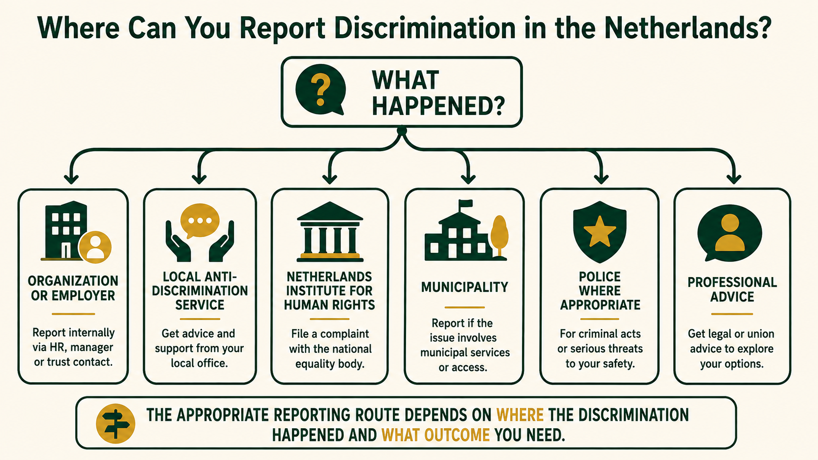 Infographic showing several official and practical routes for reporting discrimination in the Netherlands.